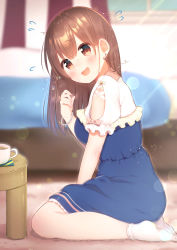 Rule 34 | 1girl, @ @, aizawa85, bed, blue dress, blurry, blurry background, blush, bobby socks, bow, bracelet, brown eyes, brown hair, butterfly earrings, commentary request, cup, depth of field, diagonal stripes, dress, earrings, fingernails, flying sweatdrops, frilled dress, frills, glint, hair between eyes, hand up, highres, indoors, jewelry, long hair, no shoes, on floor, original, pearl bracelet, puffy short sleeves, puffy sleeves, shirt, short sleeves, sitting, socks, solo, striped, striped bow, table, wariza, white shirt, white socks