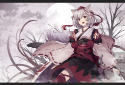 Rule 34 | 1girl, :d, animal ears, bare tree, bridal gauntlets, cibo (killy), cowboy shot, detached sleeves, falling petals, fangs, hair between eyes, haramaki, hat, highres, holding, holding sword, holding weapon, inubashiri momiji, japanese clothes, kimono, leaf print, leg wrap, multicolored clothes, multicolored skirt, open mouth, outdoors, petals, pom pom (clothes), red eyes, ribbon-trimmed sleeves, ribbon trim, shield, short hair, skirt, smile, sun, sword, tail, tassel, tokin hat, touhou, tree, two-tone skirt, weapon, white hair, wide sleeves, wolf ears, wolf tail