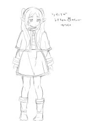 Rule 34 | 1girl, boots, capelet, closed mouth, elf, frieren, full body, greyscale, hair over shoulder, highres, long hair, long sleeves, monochrome, parted bangs, pointy ears, shika (s1ka), shirt, short eyebrows, simple background, sketch, skirt, sleeves past wrists, solo, sousou no frieren, standing, striped clothes, striped shirt, thick eyebrows, translation request, twintails, white background