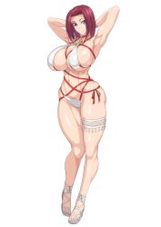 Rule 34 | 1girl, armpits, arms behind head, arms up, bare shoulders, bikini, blue eyes, bracelet, breasts, choker, cleavage, closed mouth, code geass, collarbone, commentary request, full body, highres, jewelry, kouzuki kallen, large breasts, looking at viewer, medium hair, navel, ozaneko, parted bangs, partial commentary, red choker, red hair, sandals, simple background, skindentation, smile, solo, standing, stomach, swimsuit, thigh strap, toned, white background, white bikini