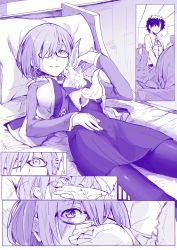 Rule 34 | 1boy, 1girl, ^^^, bed, comic, commentary, covering own mouth, creature, creature on chest, fate/grand order, fate (series), fou (fate), fujimaru ritsuka (male), glasses, hair over one eye, hand over own mouth, looking away, lying, mash kyrielight, monochrome, on back, pantyhose, pillow, purple theme, short hair, silent comic, smile, syatey