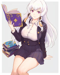 Rule 34 | 1girl, absurdres, alternate breast size, alternate costume, black jacket, black skirt, book, book stack, commentary, feet out of frame, fire emblem, fire emblem: three houses, hand up, highres, holding, holding book, jacket, long hair, long sleeves, looking at viewer, lysithea von ordelia, miniskirt, nintendo, pleated skirt, purple eyes, shirt, sitting, skirt, smile, solo, thighs, truejekart, very long hair, white hair, white shirt