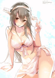 Rule 34 | 1girl, absurdres, alternate costume, ass, bare shoulders, bikini, blush, breasts, brown eyes, cleavage, dated, grey hair, hair ornament, hairclip, haruna (kancolle), headgear, highres, kantai collection, large breasts, long hair, looking at viewer, nagasawa tougo, navel, sitting, smile, solo, swimsuit, twitter username, v, white bikini