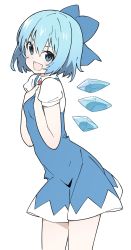 Rule 34 | 1girl, blue dress, blue eyes, blue hair, blue ribbon, bow, cirno, dress, dress shirt, fairy wings, fang, hair bow, hands on own chest, highres, ice, ice wings, kt kkz, looking at viewer, one-hour drawing challenge, open mouth, puffy short sleeves, puffy sleeves, red neckwear, red ribbon, ribbon, shirt, short hair, short sleeves, simple background, smile, solo, touhou, white background, white shirt, wing collar, wings