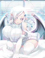 Rule 34 | 1girl, all fours, bare shoulders, bat wings, bed sheet, blush, breasts, demon girl, demon tail, elbow gloves, gloves, hair ornament, highres, huge breasts, long hair, multicolored eyes, original, pink eyes, pointy ears, ribbed sweater, shiki (psychedelic g2), solo, sweater, tail, thighhighs, turtleneck, white gloves, white hair, white theme, white thighhighs, window, wings