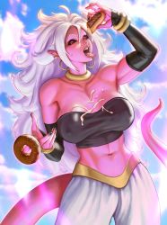 Rule 34 | abs, absurdres, android 21, black sclera, black sleeves, breasts, colored sclera, colored skin, debirudude, detached sleeves, doughnut, dragon ball, earrings, food, gold choker, highres, jewelry, large breasts, long tongue, looking at viewer, majin android 21, midriff, multiple piercings, muscular, muscular female, pants, pink skin, red eyes, strapless, suggestive fluid, tail, tongue, tongue out, tube top, white hair, white legwear, white pants