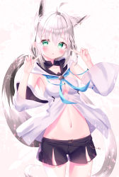 Rule 34 | 1girl, :o, absurdres, ahoge, animal ears, anzu yotsuba, black shorts, blue neckerchief, blush, braid, breasts, cleavage, commentary request, detached sleeves, earrings, fox ears, fox girl, fox tail, green eyes, hair between eyes, highres, hololive, hood, hoodie, jewelry, key, long hair, looking at viewer, midriff, navel, neckerchief, pentagram, pointing, pointing at self, shirakami fubuki, shirakami fubuki (1st costume), short shorts, shorts, sidelocks, simple background, single braid, small breasts, solo, tail, virtual youtuber, white background, white hair, white hoodie
