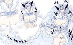 Rule 34 | 1girl, blue hair, breast press, breasts squeezed together, breasts, cleavage, coat, dandara (karakure), fur-trimmed coat, fur trim, highres, large breasts, long hair, monster hunter, monster hunter: world, monster hunter (series), open clothes, open coat, panties, personification, smile, solo, underwear, v arms, white coat, xeno&#039;jiiva, yellow eyes, zoom layer