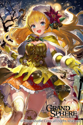 Rule 34 | 1girl, :d, bare tree, beanie, bell, blonde hair, blue eyes, blush, breasts, capelet, cleavage, copyright name, dress, elbow gloves, frilled skirt, frills, fur-trimmed gloves, fur trim, gaou (umaiyo puyoman), gloves, grand sphere, hat, highres, long hair, looking at viewer, medium breasts, official art, open mouth, original, outdoors, red skirt, skirt, smile, snow, snowman, solo, teeth, thighhighs, tree, watermark, white thighhighs, yellow dress, yellow gloves