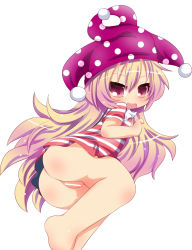 Rule 34 | 1girl, american flag dress, ass, bar censor, blonde hair, bottomless, censored, clownpiece, dress, hat, jester cap, long hair, muuba, no legwear, no panties, open mouth, pussy, red eyes, short dress, simple background, smile, solo, striped clothes, striped dress, touhou, very long hair