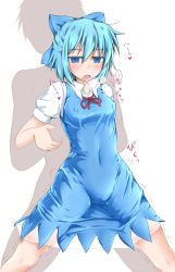 Rule 34 | 1boy, 1girl, blue eyes, blue hair, blush, bow, cirno, covered erect nipples, covered navel, cowboy shot, empty eyes, hair bow, heavy breathing, highres, implied sex, kirino souya, open mouth, silhouette, touhou, trembling