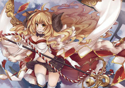 Rule 34 | 10s, 1girl, ahoge, anila (granblue fantasy), bell, blonde hair, breasts, cape, cleavage, draph, female focus, gloves, gradient background, granblue fantasy, horns, large breasts, long hair, looking at viewer, mymei, ribbon trim, sheep horns, skirt, smile, solo, staff, very long hair, white gloves, white legwear, yellow eyes