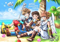 Rule 34 | 3boys, absurdres, against tree, angel wings, apple, banana, beach, blue eyes, blue sky, brown hair, commentary, commission, food, fruit, grass, highres, keyblade, kid icarus, kid icarus uprising, kingdom hearts, kingdom hearts i, kingdom key, laurel crown, lens flare, looking at another, male focus, master hand, multiple boys, nintendo, palm tree, peach, pear, pit (kid icarus), popsicle, rex (xenoblade), skeb commission, sky, sofusan1526, sora (kingdom hearts), spiked hair, super smash bros., tree, wings, xenoblade chronicles (series), xenoblade chronicles 2
