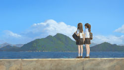 Rule 34 | 2girls, black skirt, blue sky, brown footwear, brown hair, chinese commentary, cloud, commentary request, day, from behind, highres, holding hands, hua ming wink, loafers, long hair, mountain, multiple girls, ocean, original, outdoors, scenery, school uniform, shirt, shoes, skirt, sky, socks, standing, water, white shirt, white socks, wide shot