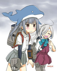 Rule 34 | 2girls, :d, ahoge, asashimo (kancolle), backpack, bag, blush, bow, bowtie, brown eyes, cannon, cowboy shot, dress, ebifly, empty eyes, fang, fangs, grey hair, grey skirt, grey sky, hair bow, hair over one eye, hand up, headband, kantai collection, kasumi (kancolle), multiple girls, one eye covered, open mouth, outdoors, pantyhose, pleated skirt, ponytail, red dress, shark, shirt, short sleeves, skirt, sky, smile, sweat, twitter username, white bow, white shirt