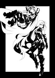 Rule 34 | 00s, 2girls, absurdly long hair, abyssal ship, aircraft carrier oni, aircraft carrier water oni, armor, armored aircraft carrier princess, armored boots, arms behind head, black border, boots, border, deel (rkeg), detached sleeves, dress, floating, gauntlets, greyscale, knees up, leaning back, long hair, looking away, looking back, monochrome, monochrome factor, multiple girls, one side up, outside border, platform footwear, ribbed dress, sailor dress, short dress, side ponytail, simple background, sitting, thigh boots, thighhighs, turtleneck, very long hair, white background, zettai ryouiki