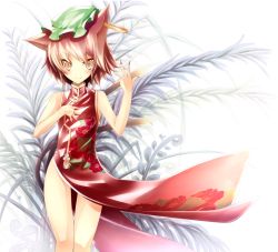 Rule 34 | 1girl, animal ears, brown eyes, brown hair, cat ears, cat girl, cat tail, chen, china dress, chinese clothes, dress, earrings, female focus, hat, jewelry, md5 mismatch, multiple tails, otogi kyouka, solo, tail, touhou