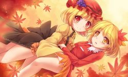 Rule 34 | 2girls, aki minoriko, aki shizuha, apron, autumn leaves, blonde hair, clothes lift, food, fruit, grapes, hair ornament, hat, highres, juliet sleeves, leaf hair ornament, legs, long sleeves, looking at viewer, lzh, mob cap, multiple girls, open mouth, puffy sleeves, red eyes, shirt, siblings, sisters, skirt, skirt lift, smile, touhou, wide sleeves, yellow eyes