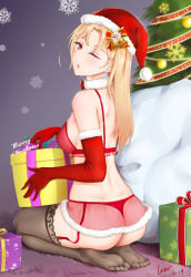 Rule 34 | 1girl, ;o, ass, azur lane, back, bare back, bare shoulders, bell, black thighhighs, blonde hair, blush, box, bra, breasts, carpet, christmas, christmas tree, cleveland (azur lane), dimples of venus, earrings, elbow gloves, feet, from behind, full body, fur-trimmed skirt, fur collar, fur trim, garter straps, gift, gift box, gloves, hair bell, hair ornament, hat, highres, jewelry, laserflip, long hair, looking at viewer, looking back, medium breasts, merry christmas, no shoes, on floor, one eye closed, open mouth, panties, parted bangs, pink skirt, red bra, red eyes, red gloves, red hat, red panties, sack, saliva, santa hat, see-through, seiza, sideboob, sitting, skirt, snowflake earrings, snowflake hair ornament, solo, star (symbol), star print, thighhighs, thong, toes, underwear