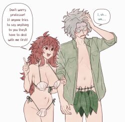 Rule 34 | 1boy, 1girl, 1koma, :d, ahoge, arm hug, bikini, blush, breast pocket, breasts, collared shirt, comic, cowboy shot, egokoro nao, embarrassed, english text, front-tie bikini top, front-tie top, glasses, gloom (expression), green shirt, grey hair, hair between eyes, halterneck, hand on own head, highres, kimi ga shine, large breasts, long hair, looking at another, messy hair, mishima kazumi (kimi ga shine), navel, opaque glasses, open clothes, open mouth, open shirt, pocket, pointing, pointing up, red eyes, red hair, shell, shell bikini, shirt, short hair, side-tie bikini bottom, sidelocks, simple background, sleeves rolled up, smile, speech bubble, spiked hair, supremecatlord, sweat, swimsuit, very long hair, white background, white bikini