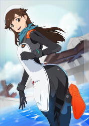 Rule 34 | 1girl, absurdres, apron, artist request, ass, black bodysuit, blue neckerchief, bodysuit, breasts, brown eyes, brown hair, evangelion: 3.0+1.0 thrice upon a time, from side, hat, highres, long hair, neckerchief, neon genesis evangelion, open mouth, plugsuit, rebuild of evangelion, skin tight, sky, small breasts, smile, solo, suzuhara sakura, water