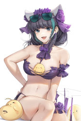 Rule 34 | 1girl, aqua eyes, aqua hair, azur lane, bikini, black hair, blunt bangs, blush, bow, breasts, cheshire (azur lane), cheshire (summery date!) (azur lane), choker, cleavage, commentary, cross-laced bikini, cross-laced clothes, english commentary, eyewear on head, highres, large breasts, looking at viewer, maid headdress, manjuu (azur lane), multicolored hair, navel, official alternate costume, open mouth, purple bikini, purple bow, short hair, side-tie bikini bottom, simple background, skindentation, smile, solo, streaked hair, suisei (sui seic), sunglasses, swimsuit, two-tone hair, wet, white background