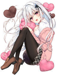 Rule 34 | 1girl, black thighhighs, blush, breasts, hair ornament, highres, large breasts, loafers, long hair, long sleeves, looking at viewer, open mouth, original, pantyhose, pink eyes, shoes, simple background, skirt, thighhighs, white background, white hair, yuzuna hiyo
