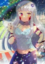 Rule 34 | 1girl, blue camisole, blue pants, blunt bangs, blurry, blurry background, blush, breasts, camisole, cleavage, closed mouth, commission, day, depth of field, flower, grey hair, hair flower, hair ornament, hand on own hip, heterochromia, kou hiyoyo, lens flare, long hair, medium breasts, navel, original, outdoors, pants, pointy ears, purple flower, red eyes, skeb commission, smile, solo, very long hair, yellow eyes