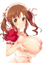 Rule 34 | 10s, 1girl, blush, grabbing another&#039;s breast, breasts, brooch, brown eyes, brown hair, buttons, cleavage, closed mouth, clothes pull, collarbone, collared shirt, commentary, curly hair, grabbing, hair ornament, hairclip, head tilt, headdress, idolmaster, idolmaster cinderella girls, jewelry, large areolae, large breasts, long hair, looking at viewer, nakasima-syouta, nipples, puffy short sleeves, puffy sleeves, ribbon trim, shirt, shirt pull, short sleeves, sidelocks, simple background, smile, solo, tareme, totoki airi, twintails, upper body, white background