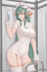 Rule 34 | 1girl, alternate costume, artist name, blurry, blurry background, blush, breasts, contrapposto, cowboy shot, dragon girl, dragon horns, fate/grand order, fate (series), gloves, green hair, hair between eyes, hat, highres, holding, holding syringe, horns, japanese clothes, kimono, kiyohime (fate), large breasts, long hair, looking at viewer, nurse, nurse cap, open mouth, shellvi, skindentation, smile, solo, standing, syringe, thighhighs, white gloves, yellow eyes