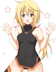 Rule 34 | 10s, 1girl, :d, bare shoulders, black thighhighs, blonde hair, blush, bodysuit, breasts, charlotte dunois, covered navel, hair between eyes, hair ribbon, halterneck, happy, infinite stratos, jewelry, leotard, long hair, looking at viewer, low ponytail, minatsuki nao, necklace, open mouth, outstretched hand, pendant, pilot suit, purple eyes, ribbon, sideboob, simple background, small breasts, smile, solo, star (symbol), starry background, thighhighs, turtleneck, very long hair, white background