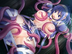 Rule 34 | 1girl, grabbing another&#039;s breast, breasts, character request, female focus, game cg, grabbing, gradient background, hairband, lusterise, nipples, open mouth, panties, ponytail, purple eyes, purple hair, short hair, shugo seijo prism saber, solo, sweat, tentacles, torn clothes, underwear, white panties