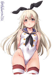 Rule 34 | 1girl, :o, adapted costume, anchor hair ornament, arms behind back, bare shoulders, blonde hair, blush, breasts, buttons, collarbone, competition swimsuit, covered navel, cowboy shot, ebifurya, from below, grey eyes, groin, hair between eyes, hair ornament, highleg, highleg swimsuit, highres, kantai collection, long hair, looking at viewer, neckerchief, one-piece swimsuit, parted lips, shimakaze (kancolle), simple background, skindentation, small breasts, solo, standing, striped clothes, striped thighhighs, swimsuit, thighhighs, twitter username, white background, white one-piece swimsuit