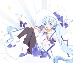 Rule 34 | 1girl, blue hair, blue skirt, boots, bow, cloak, fingerless gloves, full body, gloves, hair ornament, hat, hat bow, hatsune miku, high heels, knees up, large hat, light blue hair, long hair, looking at viewer, necktie, nishina hima, open mouth, outstretched arm, pantyhose, purple gloves, shirt, sitting, skirt, sleeveless, sleeveless shirt, smile, snowflake hair ornament, solo, star (symbol), star hair ornament, treble clef, twintails, very long hair, vocaloid, white cloak, white footwear, white hat, white shirt, witch hat, yellow necktie, yuki miku, yuki miku (2014)