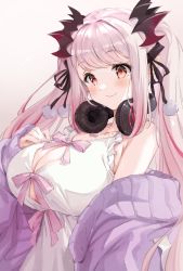 Rule 34 | 1girl, nanashi inc., absurdres, bare shoulders, blush, bow, breasts, cardigan, cartoon bone, cleavage, demon girl, dress, eyebrows hidden by hair, frills, hair ornament, headphones, headphones around neck, highres, honey strap, jewelry, large breasts, long hair, long sleeves, looking at viewer, multicolored hair, nail polish, necklace, off shoulder, open cardigan, open clothes, pink bow, pink hair, pointy ears, pom pom (clothes), pom pom hair ornament, puffy long sleeves, puffy sleeves, red eyes, red hair, ribbon, shirana tamana, silver hair, sleeveless, sleeveless dress, sleeves past wrists, smile, solo, streaked hair, suou patra, two side up, very long hair, virtual youtuber, white dress