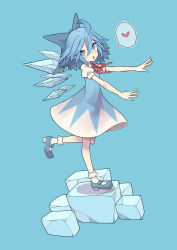 Rule 34 | 1girl, absurdres, ahoge, banana takemura, blue background, blue bow, blue dress, blue eyes, blue footwear, blue hair, blush, bobby socks, bow, cirno, commentary request, detached wings, dress, dutch angle, from side, full body, hair bow, heart, highres, ice, ice wings, looking at viewer, mary janes, neck ribbon, outstretched arms, puffy short sleeves, puffy sleeves, red ribbon, ribbon, shoes, short hair, short sleeves, socks, solo, spoken heart, standing, standing on one leg, touhou, white socks, wings