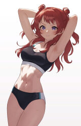 1girl 24riside abs absurdres armpits arms_behind_head arms_up breasts brown_hair commentary_request commission gakuen_idolmaster hanami_saki highres idolmaster looking_at_viewer medium_breasts navel pixiv_commission presenting_armpit simple_background solo sports_bikini stomach sweat thighs two_side_up white_background