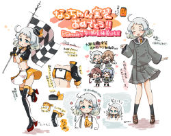 Rule 34 | asagumo (kancolle), ascot, black headwear, black jacket, black socks, blue eyes, boots, buttons, checkered flag, commentary request, cropped jacket, double-breasted, flag, grey jacket, grey skirt, jacket, kantai collection, long sleeves, midriff, miko (35nikomi), minegumo (kancolle), miniskirt, multicolored clothes, multicolored skirt, natsugumo (kancolle), navel, necktie, official alternate costume, orange ascot, orange necktie, orange skirt, plaid ascot, pleated skirt, race queen, school uniform, serafuku, shirt, short hair, skirt, socks, suspenders, thigh boots, translation request, white hair, white shirt, yamagumo (kancolle)