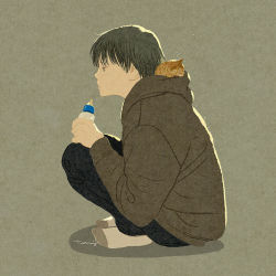 Rule 34 | 1boy, animal, animal in clothes, baby bottle, black pants, bottle, cat, expressionless, green background, holding, hood, hood down, kitten, knees up, long sleeves, male focus, original, pants, profile, shadow, simple background, sitting, socks, solo, tanji youko