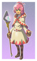 Rule 34 | 1girl, boots, female focus, final fantasy, full body, gradient background, green eyes, hood, open mouth, pink hair, robe, shitabuchi01, short hair, solo, staff, white mage (final fantasy)