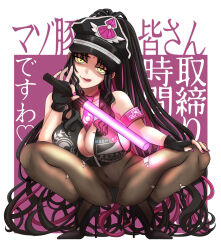 Rule 34 | 1girl, black hair, black pantyhose, breasts, cleavage, commentary request, fate/grand order, fate (series), highres, ichihi, large breasts, long hair, looking at viewer, multicolored hair, nail polish, pantyhose, pink hair, pink nails, sessyoin kiara, sessyoin kiara (swimsuit mooncancer), sessyoin kiara (swimsuit mooncancer) (second ascension), solo, spread legs, squatting, torn clothes, torn pantyhose, translation request, very long hair, yellow eyes