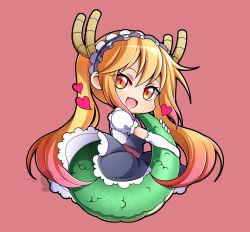 Rule 34 | 1girl, artist name, blonde hair, breasts, chibi, commentary, dragon girl, dragon horns, dragon tail, elbow gloves, english commentary, fang, full body, gloves, gradient hair, hair between eyes, heart, highres, horns, kobayashi-san chi no maidragon, long hair, looking at viewer, maid, maid headdress, multicolored hair, open mouth, orange eyes, pink background, pink hair, short sleeves, simple background, slit pupils, solo, tail, tohru (maidragon), tongue, totallyiryanic, twintails, two-tone hair, watermark