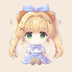 Rule 34 | 1girl, 2018, animal ears, arms at sides, artist name, bear ears, blonde hair, blue bow, blue skirt, blush stickers, bow, chibi, closed mouth, comiket 95, commentary request, dated, eyes visible through hair, green eyes, hair between eyes, hair bow, hair intakes, hair ornament, high-waist skirt, hoshimame mana, long hair, looking at viewer, official alternate costume, puffy short sleeves, puffy sleeves, sample watermark, shirt, short sleeves, sidelocks, simple background, sitting, skirt, solo, summer pockets, tareme, tsumugi wenders, twintails, watermark, white shirt, x hair ornament, yellow background