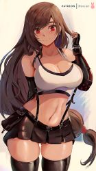 Rule 34 | 1girl, absurdres, arm behind back, arm guards, bare shoulders, black gloves, black skirt, black thighhighs, blush, breasts, brown hair, cleavage, closed mouth, earrings, elbow gloves, elbow pads, final fantasy, final fantasy vii, final fantasy vii remake, fingerless gloves, gloves, highres, jewelry, large breasts, long hair, low-tied long hair, miniskirt, mirai hikari, navel, pencil skirt, pleated skirt, red eyes, shirt, skindentation, skirt, smile, standing, stomach, suspender skirt, suspenders, suspenders gap, swept bangs, tank top, taut clothes, taut shirt, thighhighs, thighs, tifa lockhart, white background, white tank top
