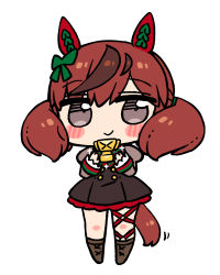 Rule 34 | 1girl, animal ears, black dress, blush stickers, boots, bow, brown footwear, brown hair, chan co, chibi, closed mouth, dress, full body, green bow, grey eyes, grey shirt, highres, holding, horse ears, horse girl, horse tail, juliet sleeves, long sleeves, looking at viewer, multicolored hair, nice nature (umamusume), o-ring, puffy sleeves, shirt, simple background, sleeveless, sleeveless dress, sleeves past wrists, smile, solo, standing, streaked hair, tail, trophy, twintails, umamusume, white background