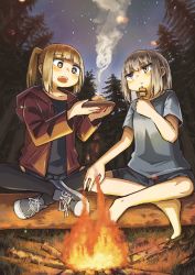 Rule 34 | 2girls, absurdres, barefoot, black legwear, blonde hair, blunt bangs, blush, campfire, commentary request, dolphilia, eating, grey hair, highres, holding, holding skewer, hood, hoodie, huge filesize, indian style, long hair, long sleeves, multiple girls, open mouth, original, outdoors, shirt, shoes, short sleeves, shorts, sidelocks, sitting, skewer, sky, sneakers, star (sky), t-shirt, teeth, thighhighs, tree, twintails, upper teeth only