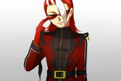 Rule 34 | 1boy, alba meira, gloves, grey background, hair over one eye, kof: maximum impact, male focus, multicolored hair, red hair, snk, solo, sunglasses, the king of fighters, two-tone hair, white hair, yaka (kk1177)