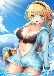 Rule 34 | 1girl, bikini, black bikini, black hairband, blue eyes, blue jacket, blue sky, blush, braid, braided ponytail, breasts, cleavage, collarbone, day, fate/grand order, fate (series), hairband, hood, hooded jacket, innertube, jacket, jeanne d&#039;arc (fate), jeanne d&#039;arc (ruler) (fate), jeanne d&#039;arc (swimsuit archer) (fate), jeanne d&#039;arc (swimsuit archer) (first ascension) (fate), large breasts, light rays, long braid, long hair, long sleeves, looking at viewer, low-tied long hair, md5 mismatch, navel, nuts (hazel-nuts), ocean, open mouth, resolution mismatch, single braid, sky, smile, solo, source larger, sunlight, swim ring, swimsuit, thighs, wading, water