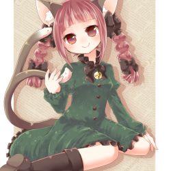 Rule 34 | 1girl, animal ears, bell, blunt bangs, boots, bow, braid, cat ears, cat girl, cat tail, dress, female focus, forked tail, hair bow, jingle bell, kaenbyou rin, koza, kozakura (dictionary), md5 mismatch, multiple tails, red eyes, red hair, sitting, smile, solo, tail, touhou, twin braids, twintails, wariza