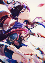 Rule 34 | 1girl, absurdres, armor, black and red and purple hair, blue eyes, breastplate, breasts, bridal gauntlets, cleavage, commentary request, dual wielding, earrings, facial mark, floral print, fox mask, gloves, highres, holding, jewelry, kunimitsu ii, kunoichi, lips, long hair, looking at viewer, low twintails, mask, mask on head, medium breasts, mole, mole under mouth, multiple tails, namco, ninjatou, petals, purple hair, purple scarf, rei1028, reverse grip, scarf, short sword, solo, sword, tail, tekken, tekken 7, thighs, twintails, weapon, whisker markings, white background, white gloves